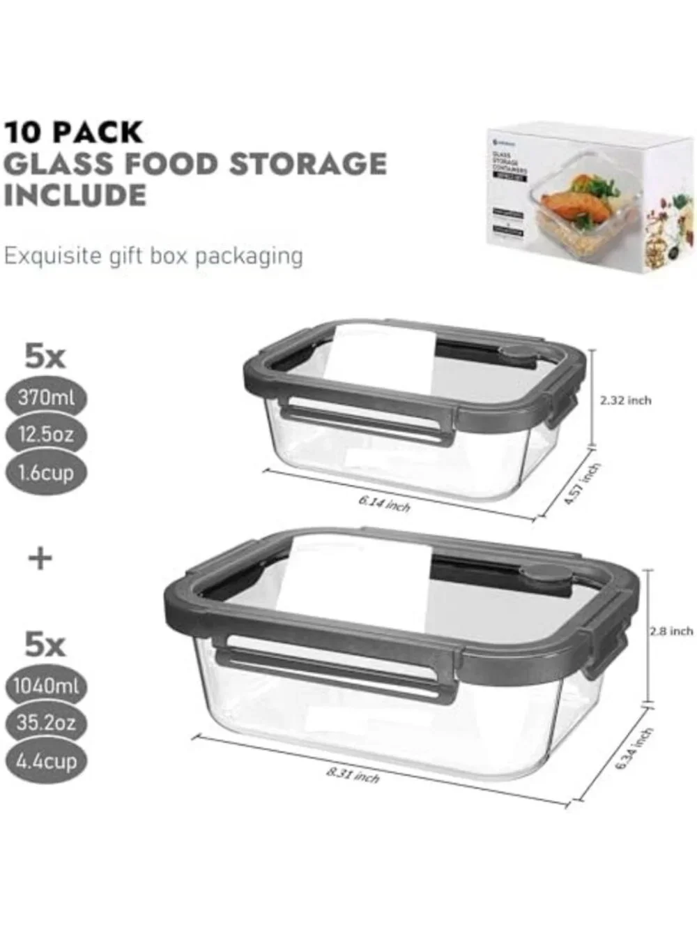 10-Pack Airtight Glass Food Storage Containers, Oven-Safe, BPA-Free, Leak-Proof